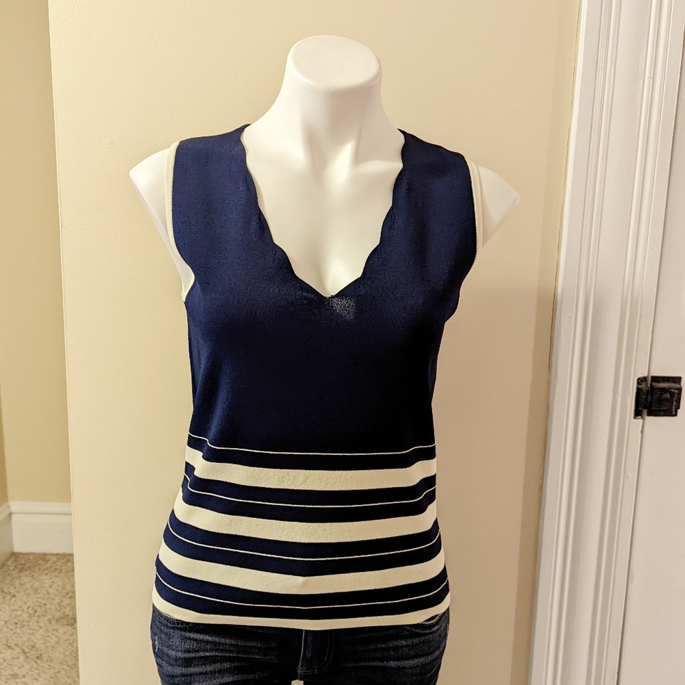 Bob Mackie navy blue and cream striped knit tank top size medium - Picture 1 of 7